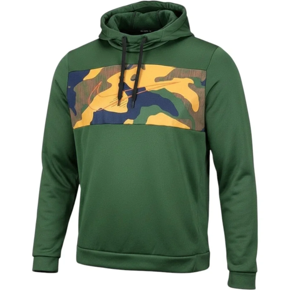 Nike Mens Dri-FIT Camo Panel Hoodie Forest Green Pullover Sweatshirt Large